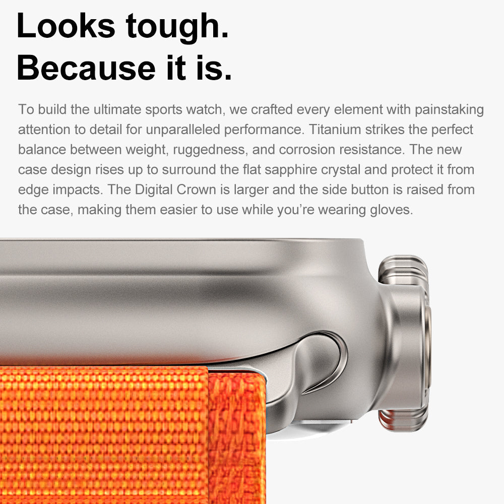 Close-up of a watch with an orange strap and metallic casing, text about watch features.