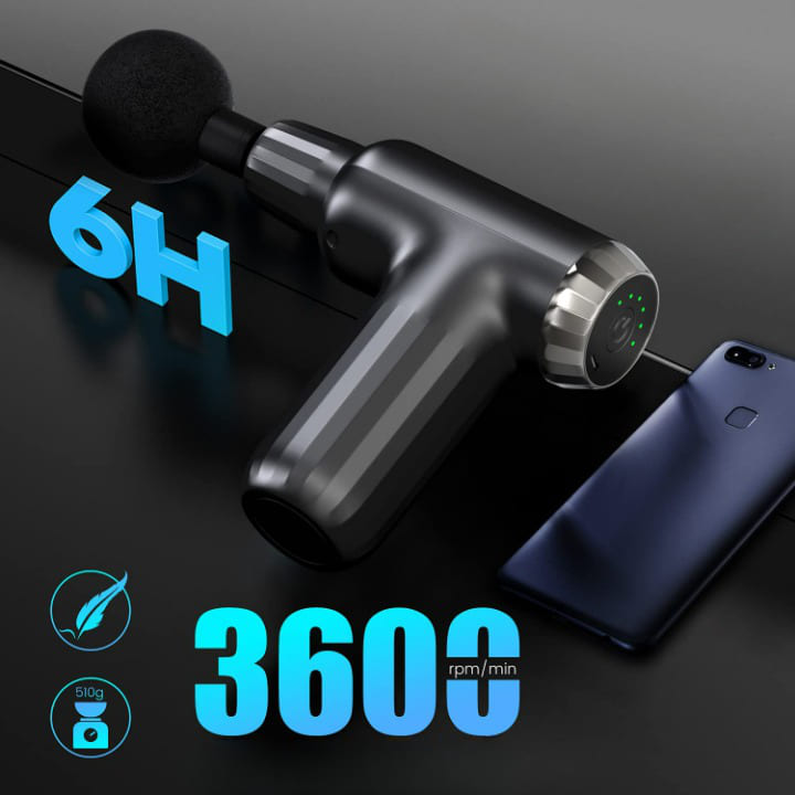 Massage gun with digital display on a dark background, featuring the brand '6H'.