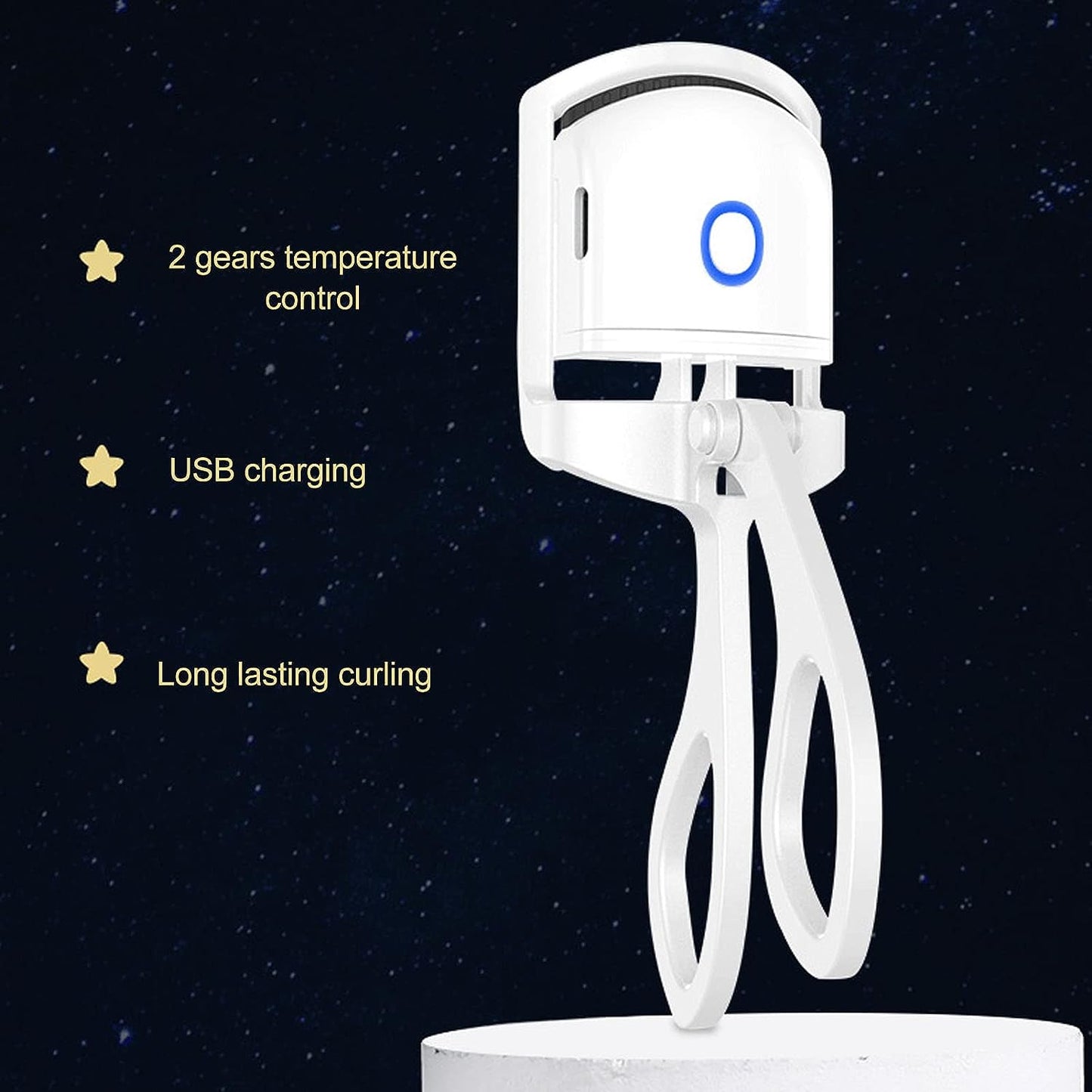 White hair straightening tool with temperature control and USB charging features on a dark background