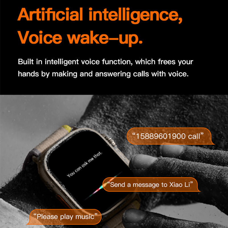 Smartwatch with voice commands displayed on screen, text about artificial intelligence and voice wake-up.