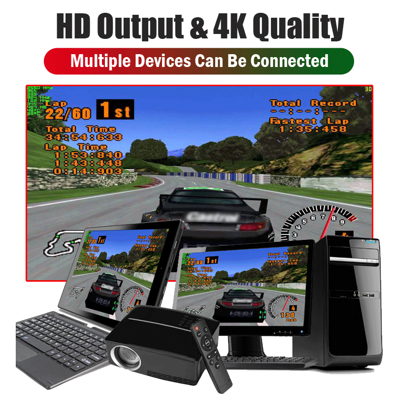 Gaming setup with multiple devices displaying a racing game on an HD screen.