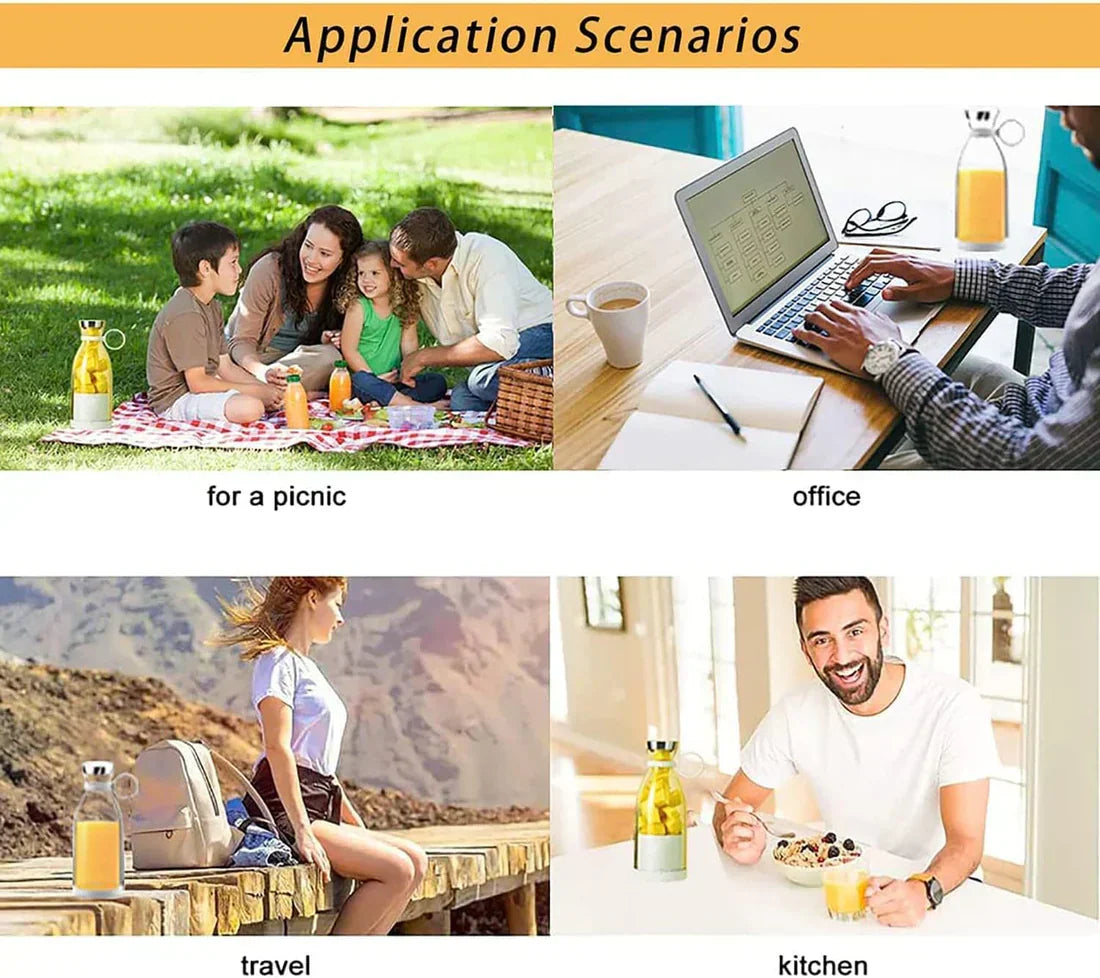 Scenarios for a product use including picnic, office, travel, and kitchen.