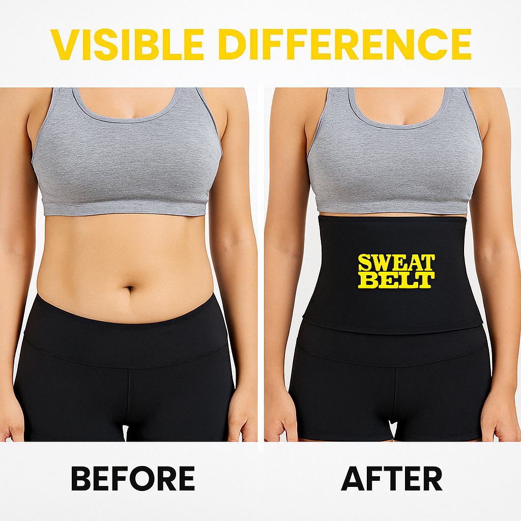 Before and after comparison of a person wearing a sweat belt labeled 'SWEAT BELT'.