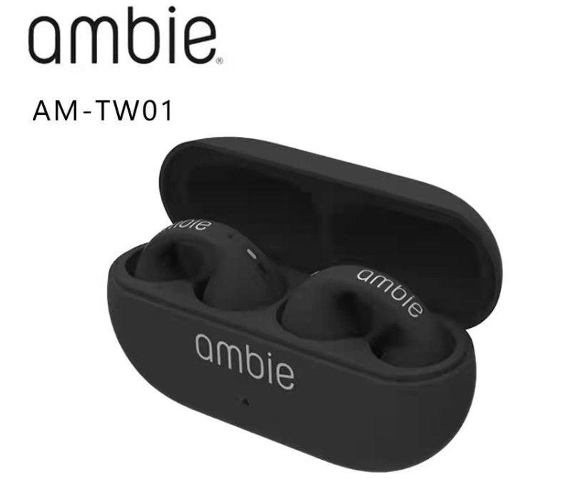 Black wireless earbuds in a case with 'ambie' branding on a white background