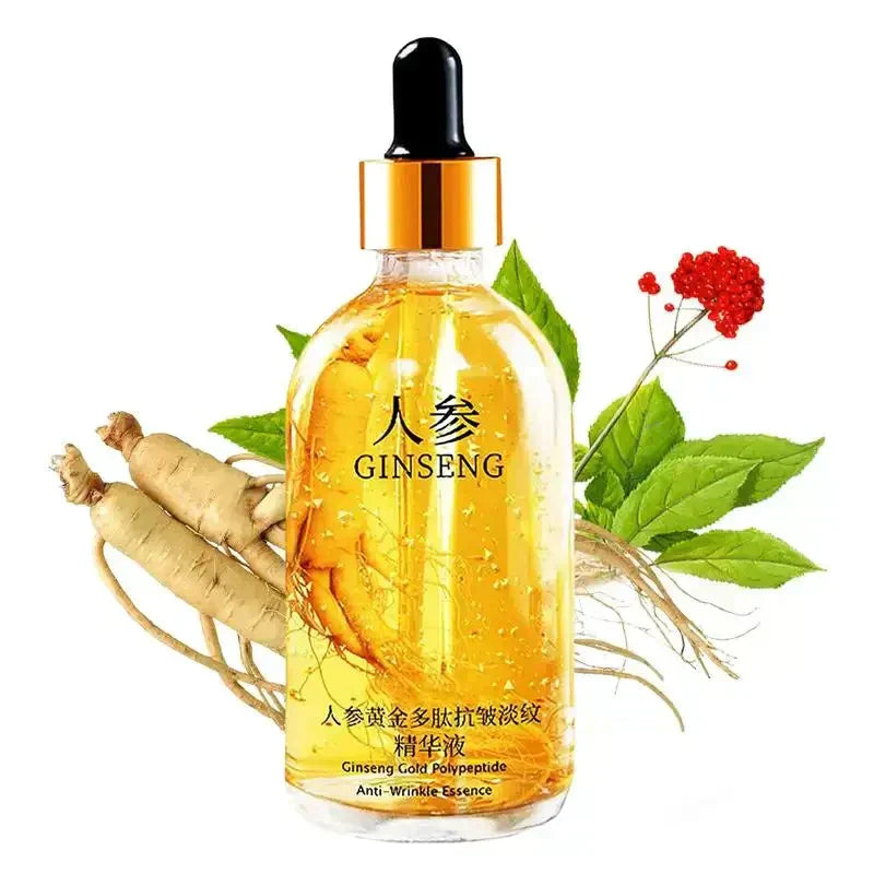Bottle of ginseng essence with ginseng roots and leaves on a white background