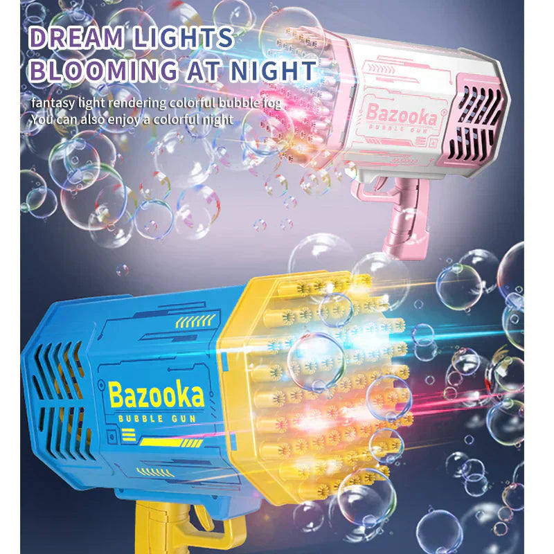 Bubble gun with colorful bubbles and text on a dark background