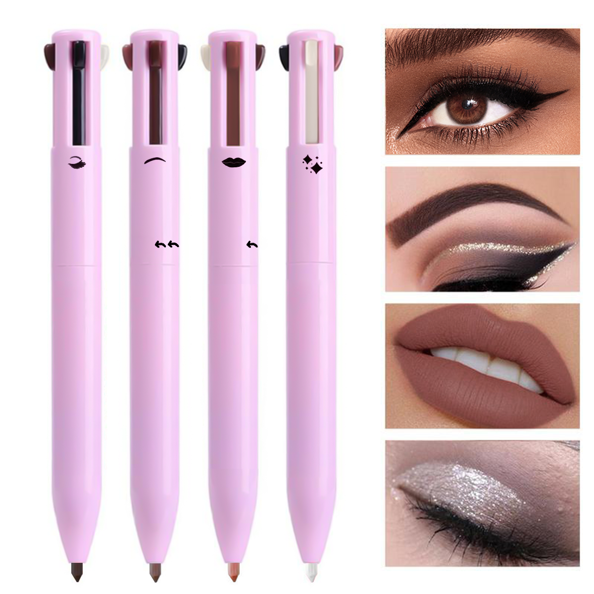 Set of pink makeup brushes with close-up examples of their use on eyes and lips.