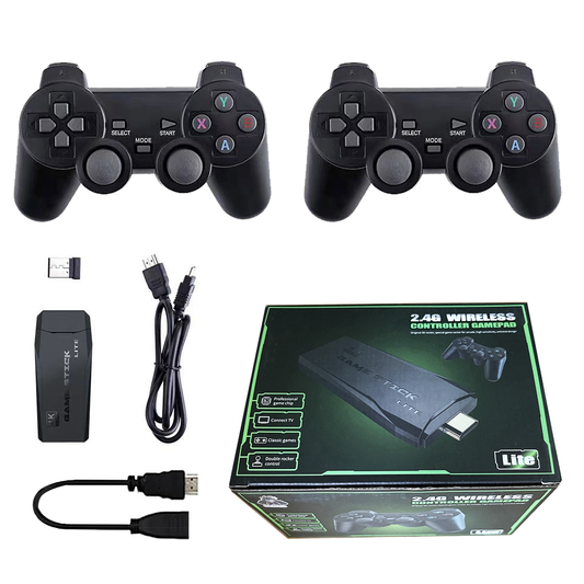 Two gaming controllers, USB receiver, cable, and packaging on a white background