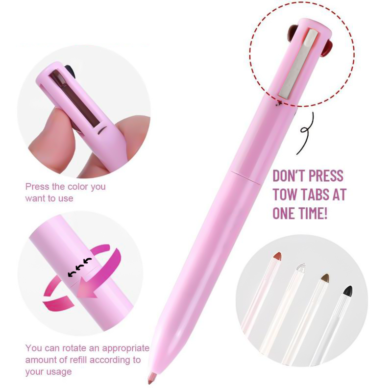 Pink pen with refill mechanism and usage instructions on a white background