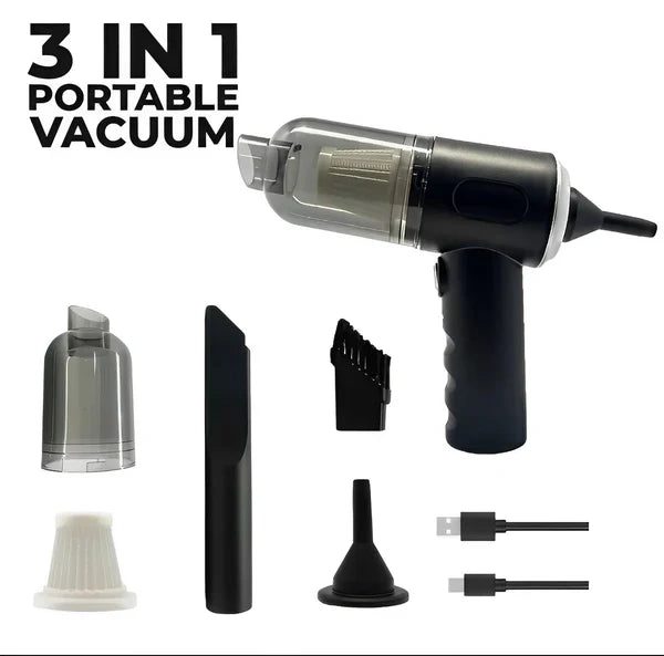 3-in-1 portable vacuum cleaner with attachments on a white background