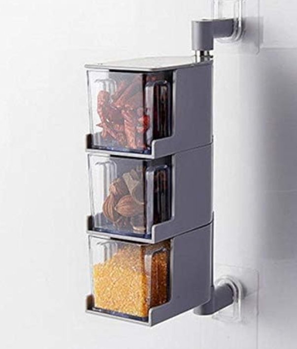 Stackable spice rack with transparent containers on a white background
