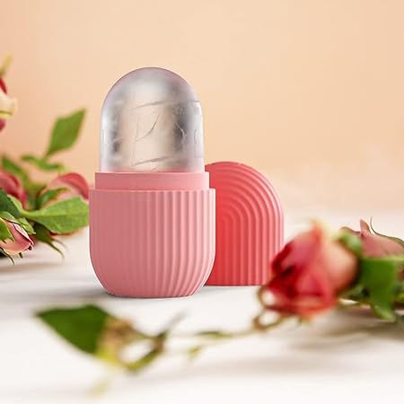 Pink and silver cylindrical product with floral background