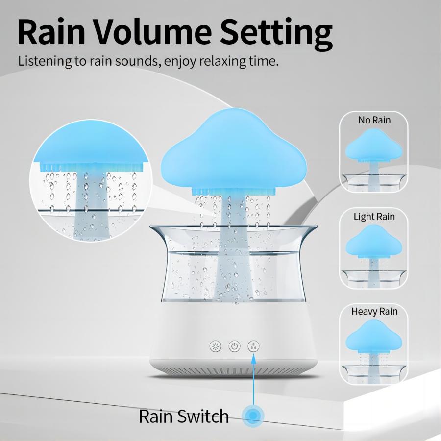 Humidifier with rain volume settings and cloud icons on a gray background