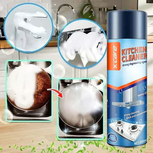 Kitchen cleaner spray can with before and after effects on kitchen items.