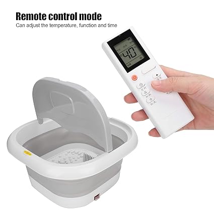 Foot bath with remote control for adjusting temperature, function, and time.