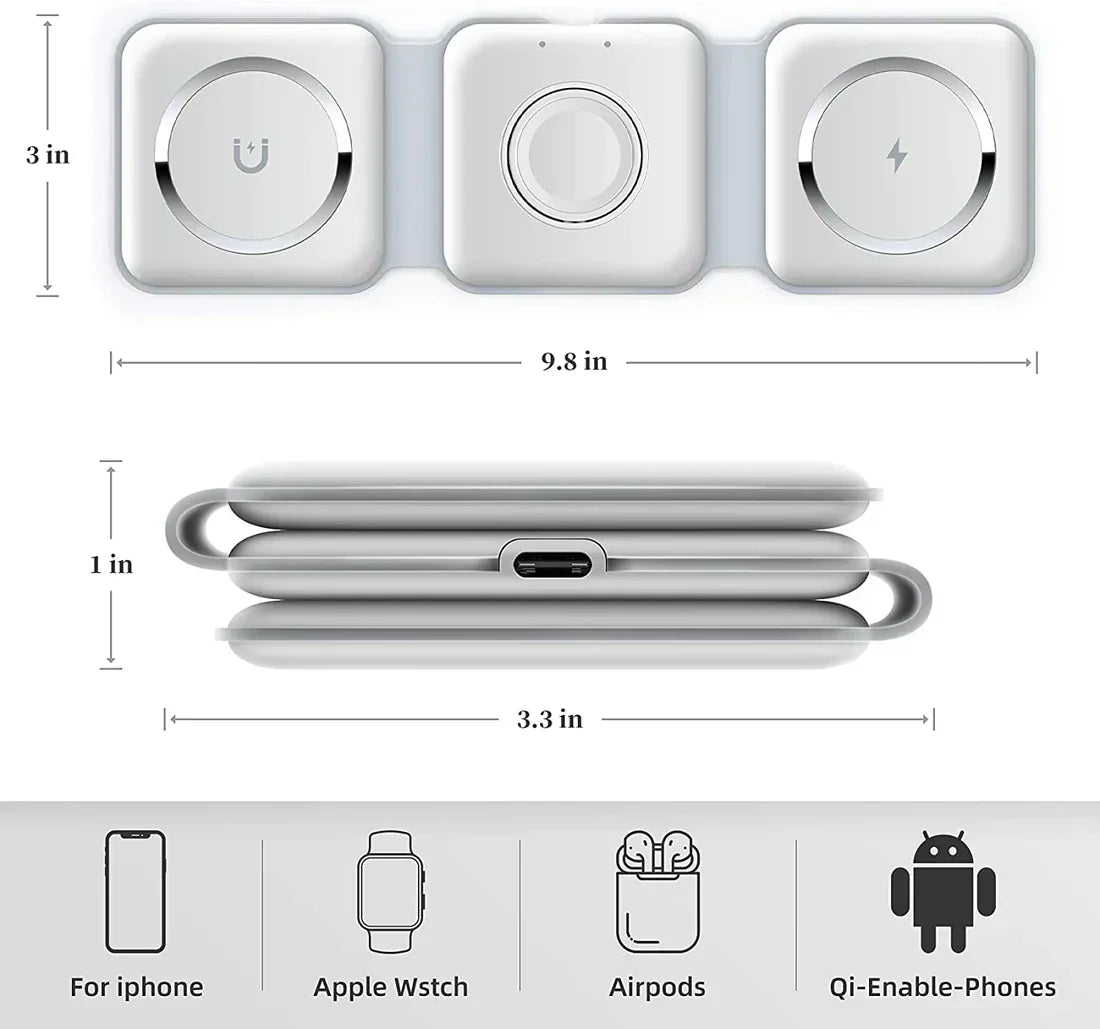 Dimensions and compatibility icons of a wireless charging pad with Apple Watch, AirPods, and Qi-enabled phones.