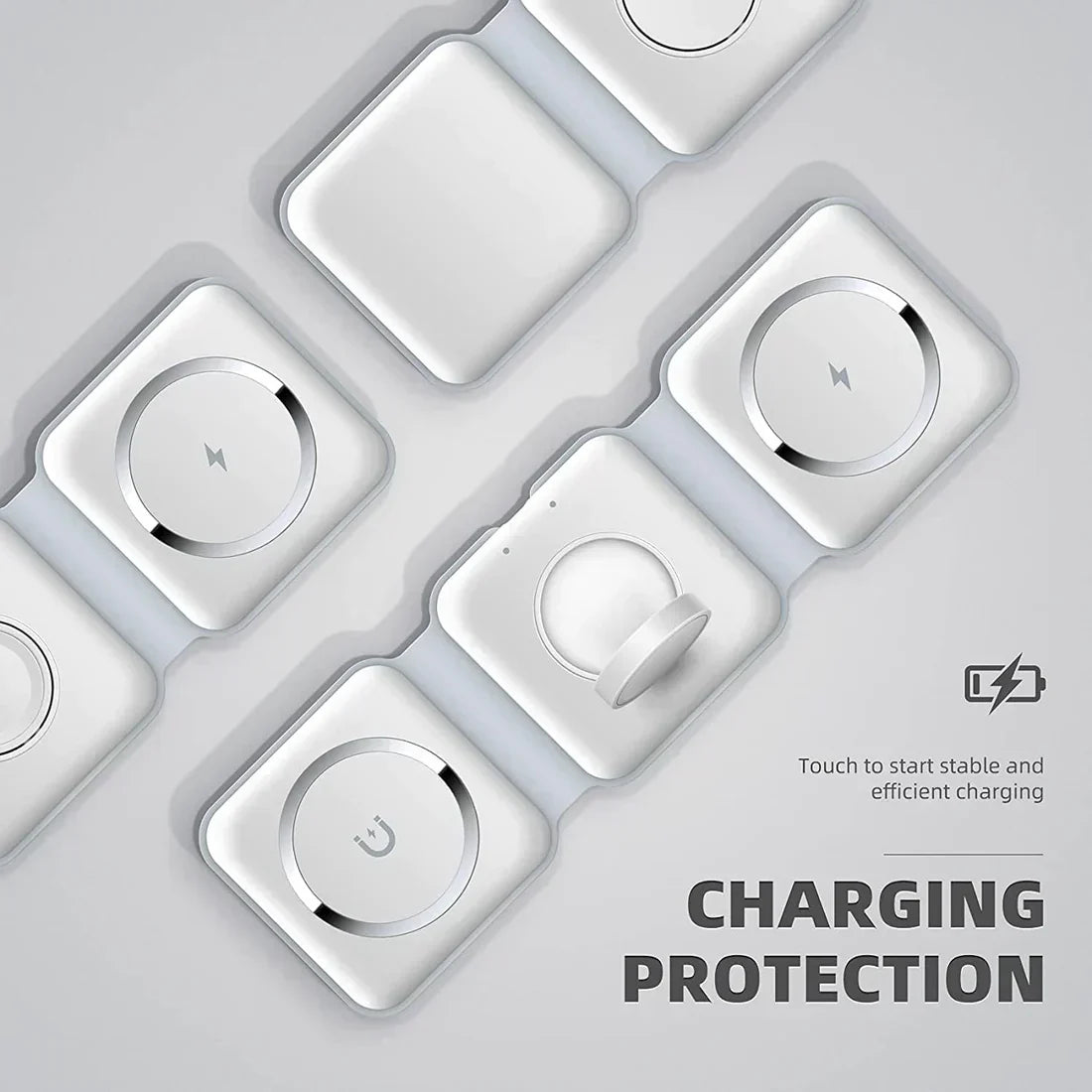 Wireless charging pad with multiple charging ports on a light gray background