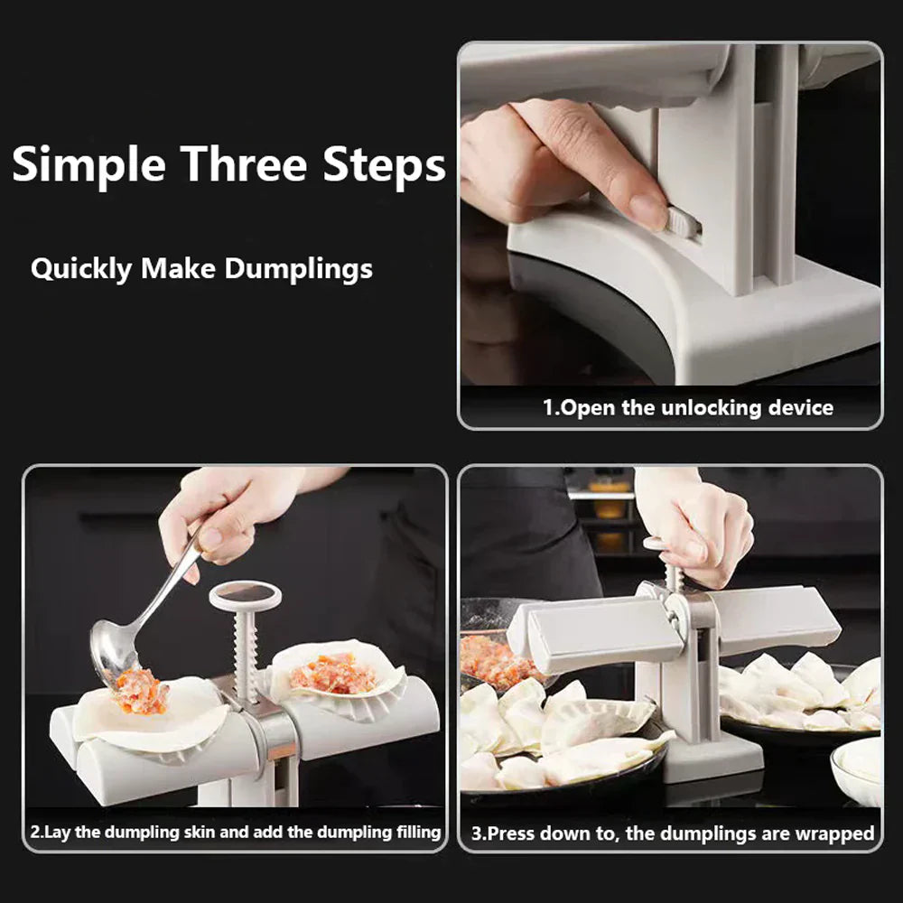 Instructions for using a dumpling maker with text and images showing the process.