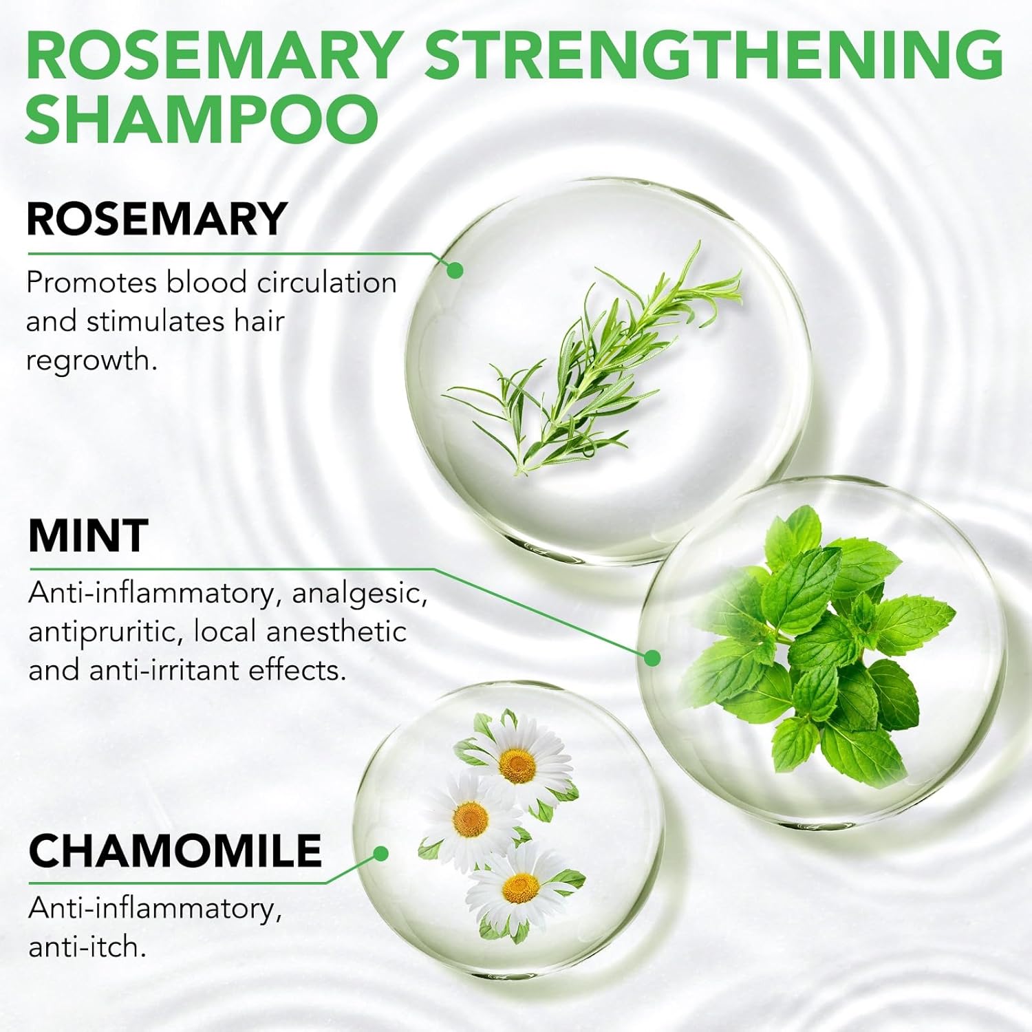 Rosemary strengthening shampoo with images of rosemary, mint, and chamomile.