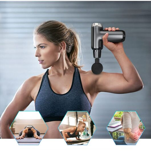 Woman using a massage gun with inset images of people using similar products.