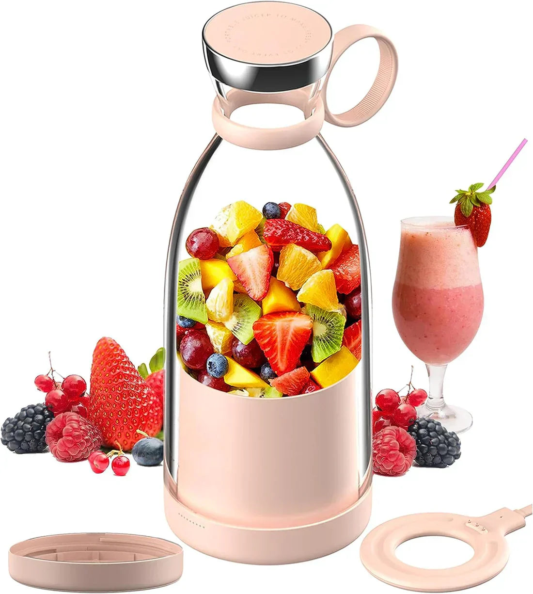 Fruit blender with ingredients and a smoothie on a white background
