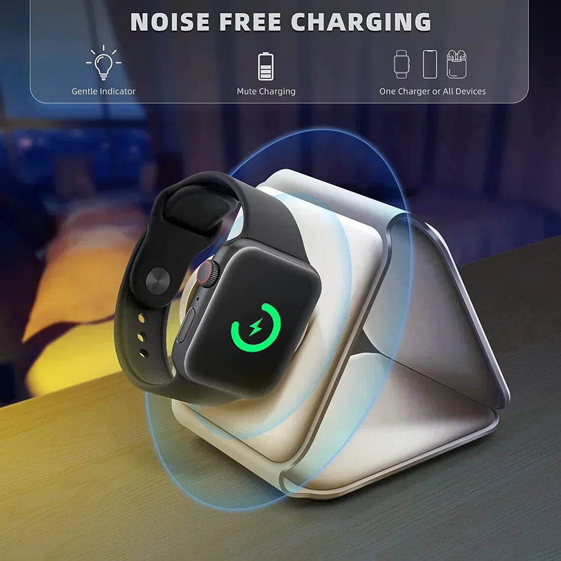 Wireless charging pad with a smartwatch on top, featuring 'Noise Free Charging' text.