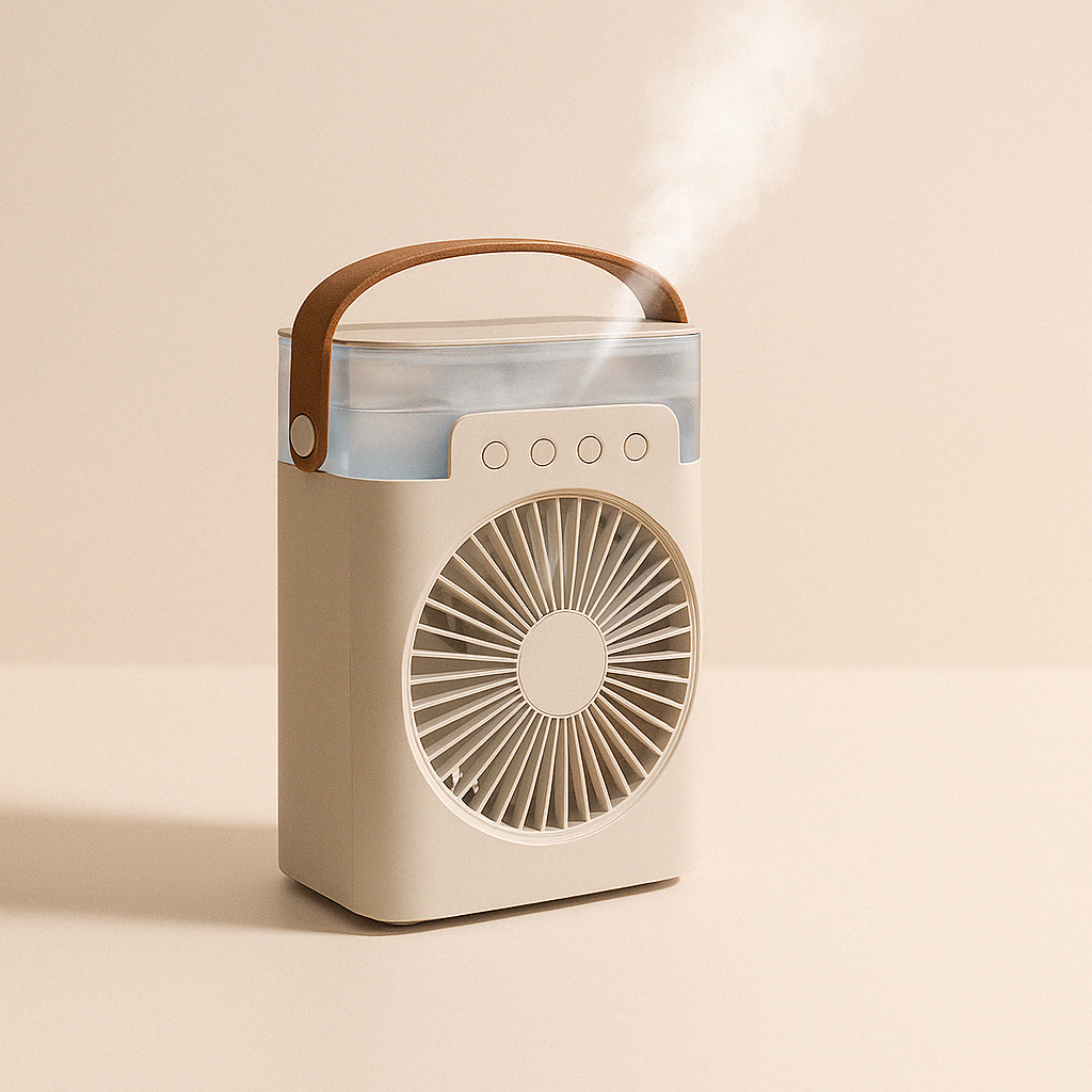 Portable fan with wooden handle on a beige background