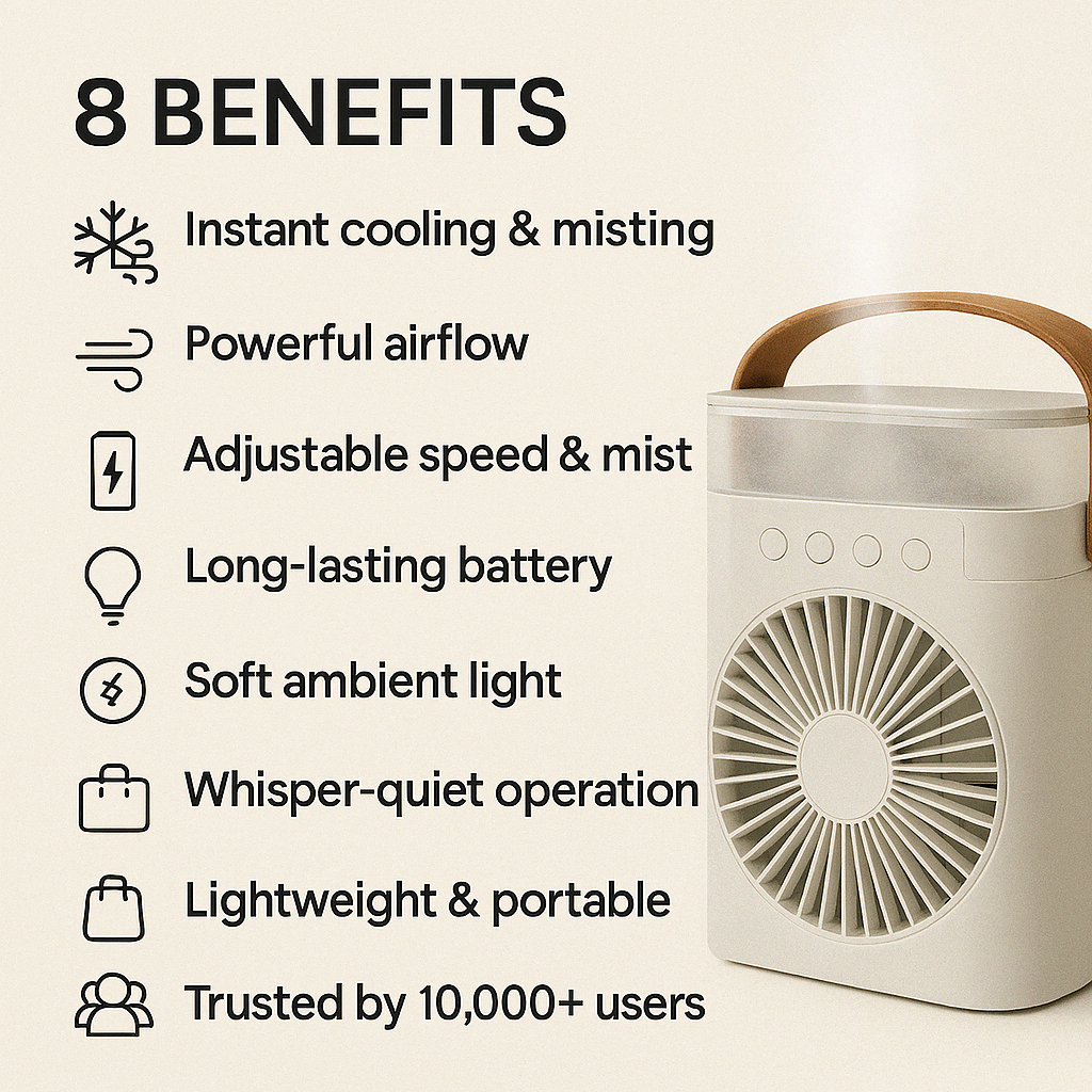 Portable air cooler with listed benefits on a white background