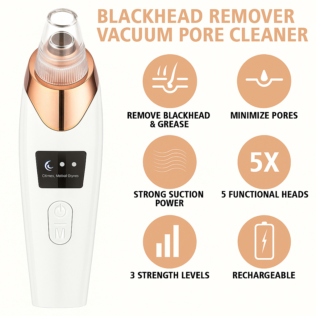 Blackhead remover vacuum pore cleaner with features listed on a white background