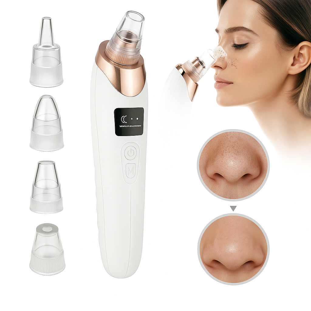White and rose gold skin care device with attachments on a white background, showing before and after effects on skin.