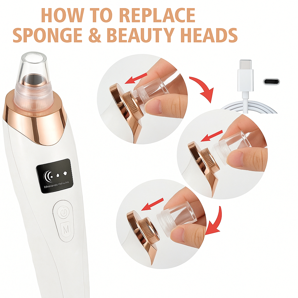 Instructions on how to replace sponge and beauty heads for a skincare device.