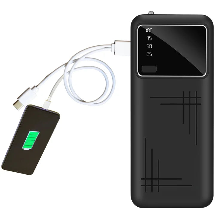 Black electronic device with digital display and charging cable on a white background