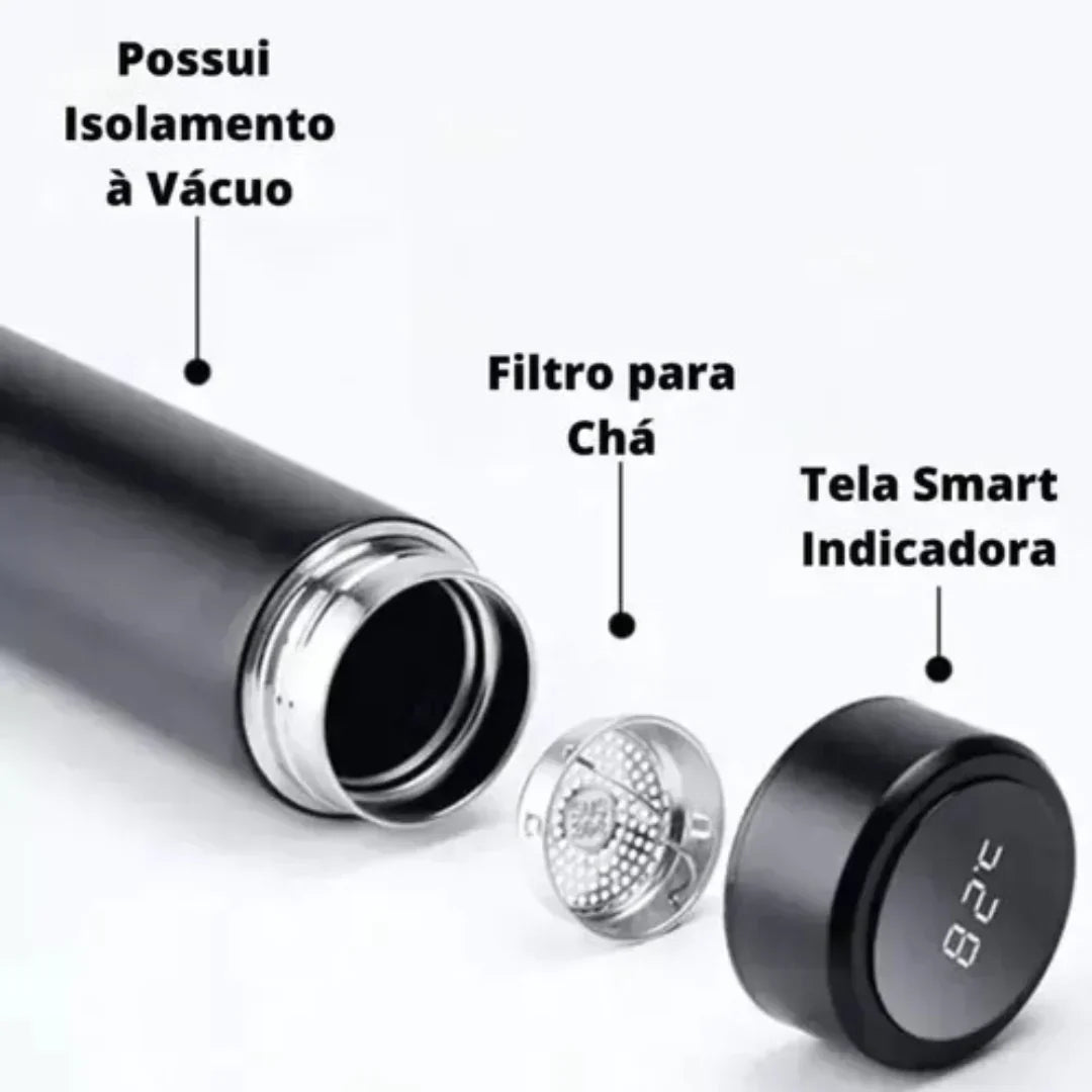 Black insulated bottle with smart indicator screen on a white background