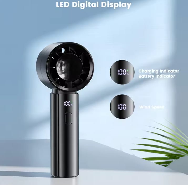 Black handheld fan with LED digital display on a light blue background