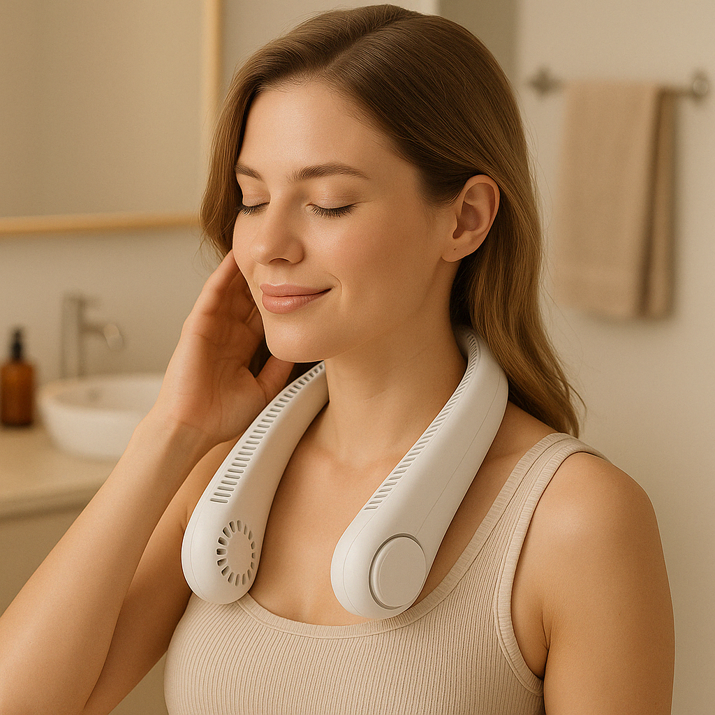 Woman using a neck massager in a bathroom setting