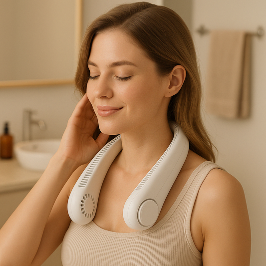 Woman using a neck massager in a bathroom setting
