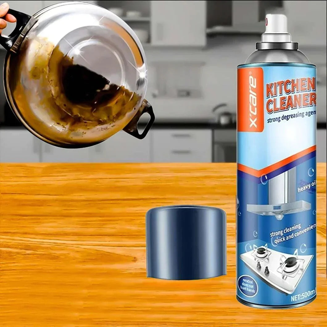 Kitchen cleaner spray can next to a stained pot and clean pot on a wooden surface.
