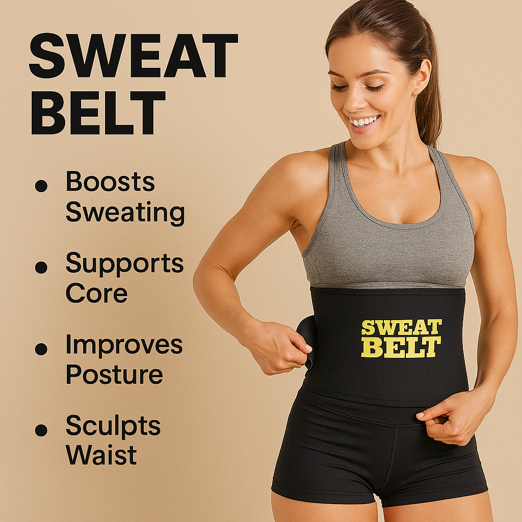 Woman wearing a black 'SWEAT BELT' with text highlighting its benefits on a beige background