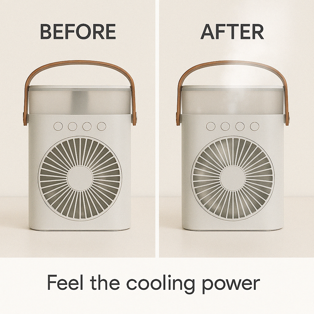 Before and after comparison of a cooling device with text 'Feel the cooling power'.