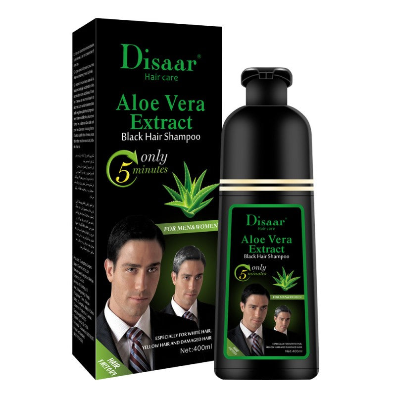 Disaar Aloe Vera Extract Black Hair Shampoo packaging and bottle on a white background
