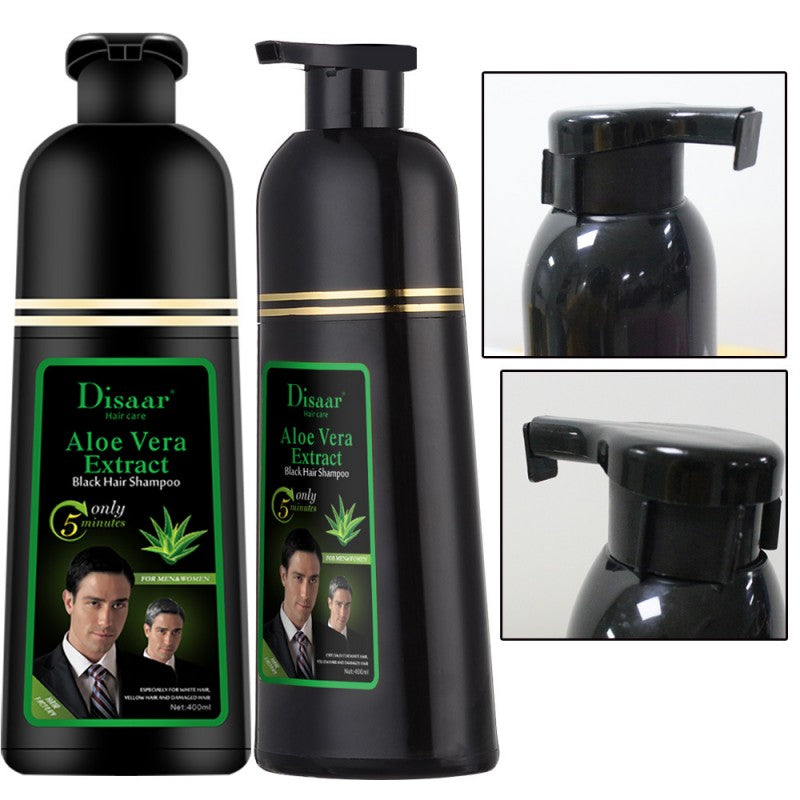 Two black bottles of Disaar Aloe Vera Extract Black Hair Shampoo with close-up insets showing the pump.