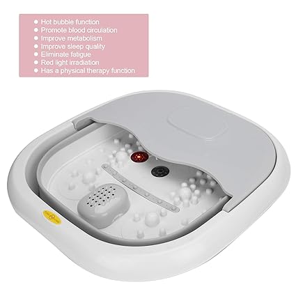 White foot bath with heating element and text on a white background