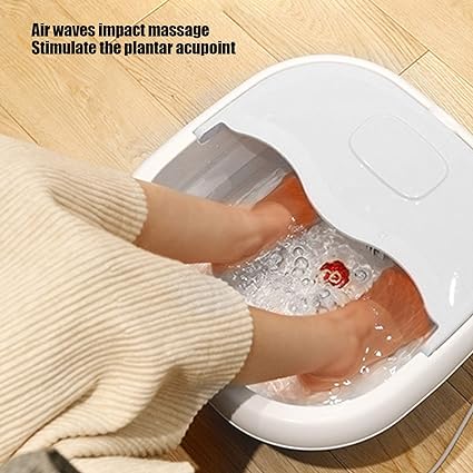 Person using a foot massager with text indicating air waves impact massage and plantar acupoint stimulation.