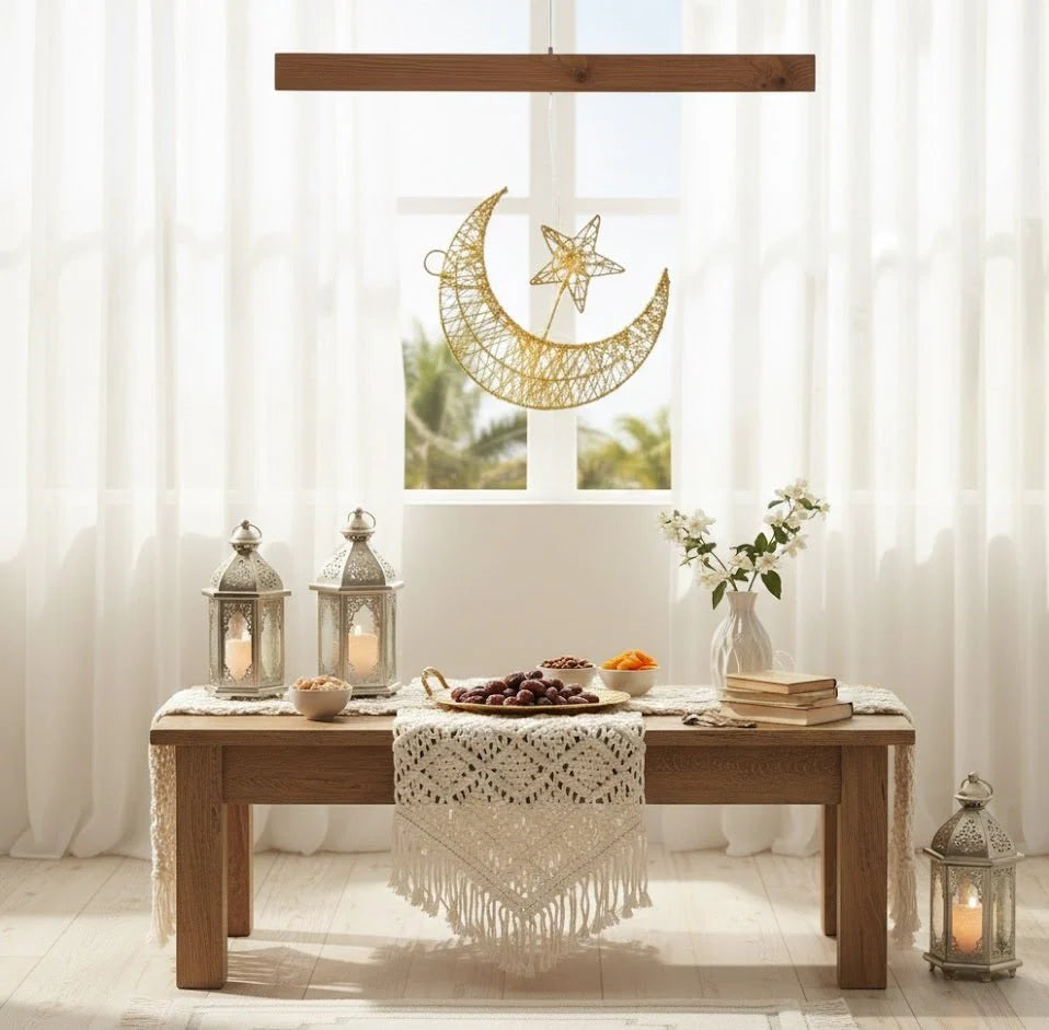 Wooden table with decorative items in a bright room with sheer curtains