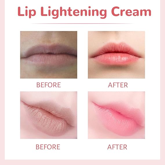 Before and after comparison of lip lightening cream on a pink background