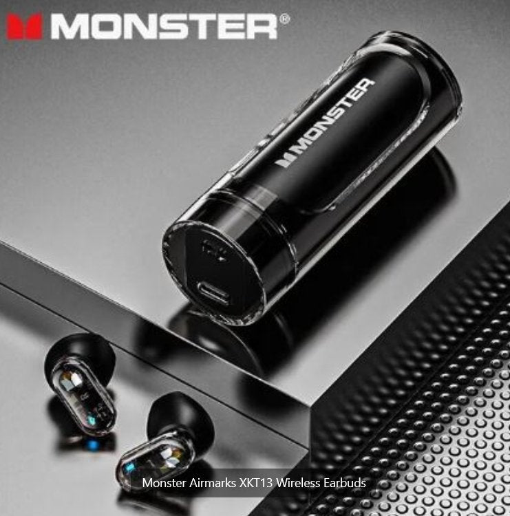 Monster Airmarks XKT13 Wireless Earbuds with charging case on a reflective surface