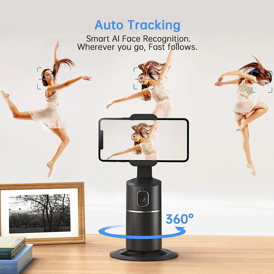 Smart AI face recognition device with a woman dancing in the background