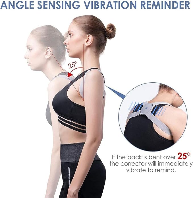 Woman wearing a back correction device with text about angle sensing and vibration reminder.