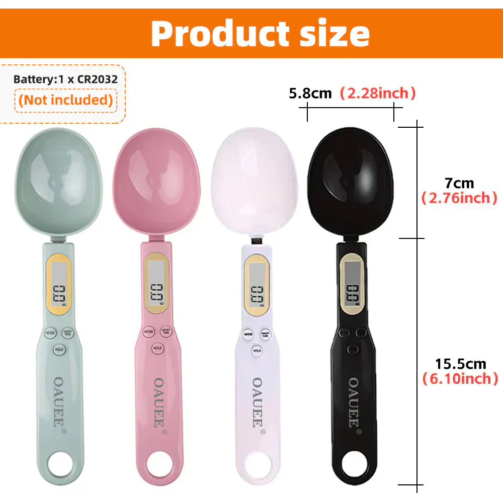 Four digital measuring spoons in different colors with size measurements on a white background.