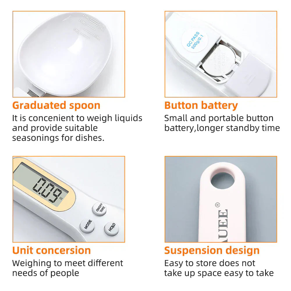Product features including a graduated spoon, button battery, unit conversion, and suspension design on a white background.
